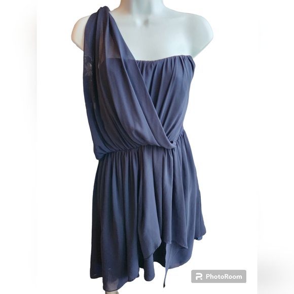 Greylin One Ruffle Shoulder Navy Short A Line Dress Side Zip Size S - Picture 1 of 4